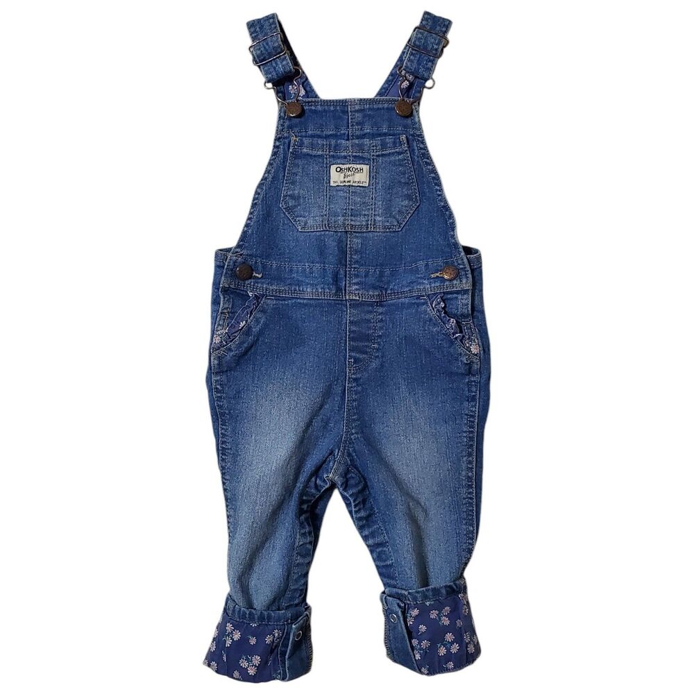 Osh Kosh B Gosh Vestbak Overalls Girls 18m Denim Jean Daisy Ruffle Bib 90s